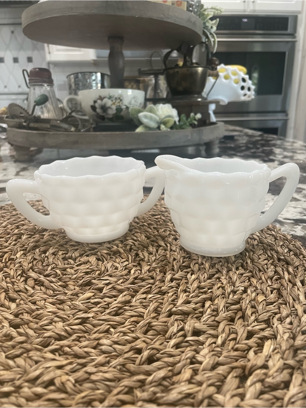 Hazel Atlas Milk Glass “Cubist” “Colonial Block” Sugar and Cream Set - Vintage